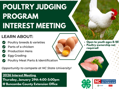 Buncombe County 4-H Poultry Judging interest meeting — Jan 29, 4–5pm at Extension Office