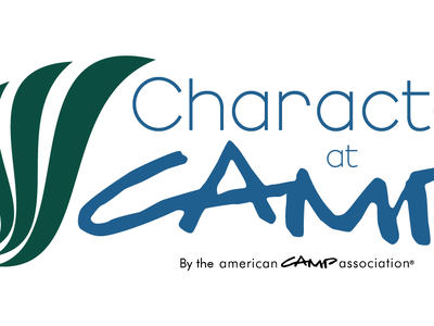 Logo reading "Character at CAMP" with green swirl graphic and "By the American Camp Association" tagline