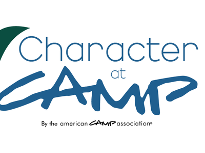 Logo reading "Character at CAMP" with green swirl graphic and "By the American Camp Association" tagline