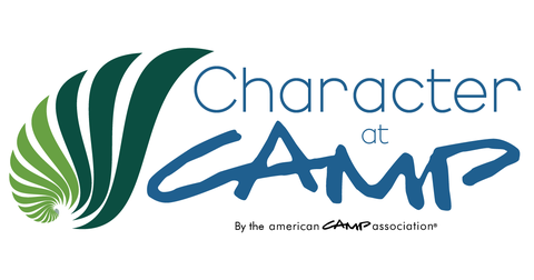 Logo reading "Character at CAMP" with green swirl graphic and "By the American Camp Association" tagline