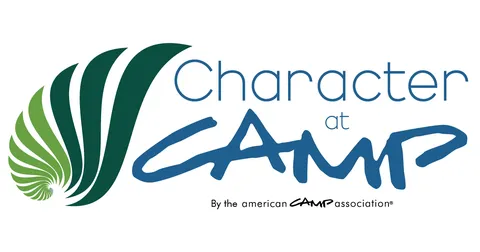 Logo reading "Character at CAMP" with green swirl graphic and "By the American Camp Association" tagline