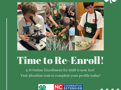 Kids using microscope, gardening, and cooking; headline "Time to Re-Enroll!" Visit 4honline.com