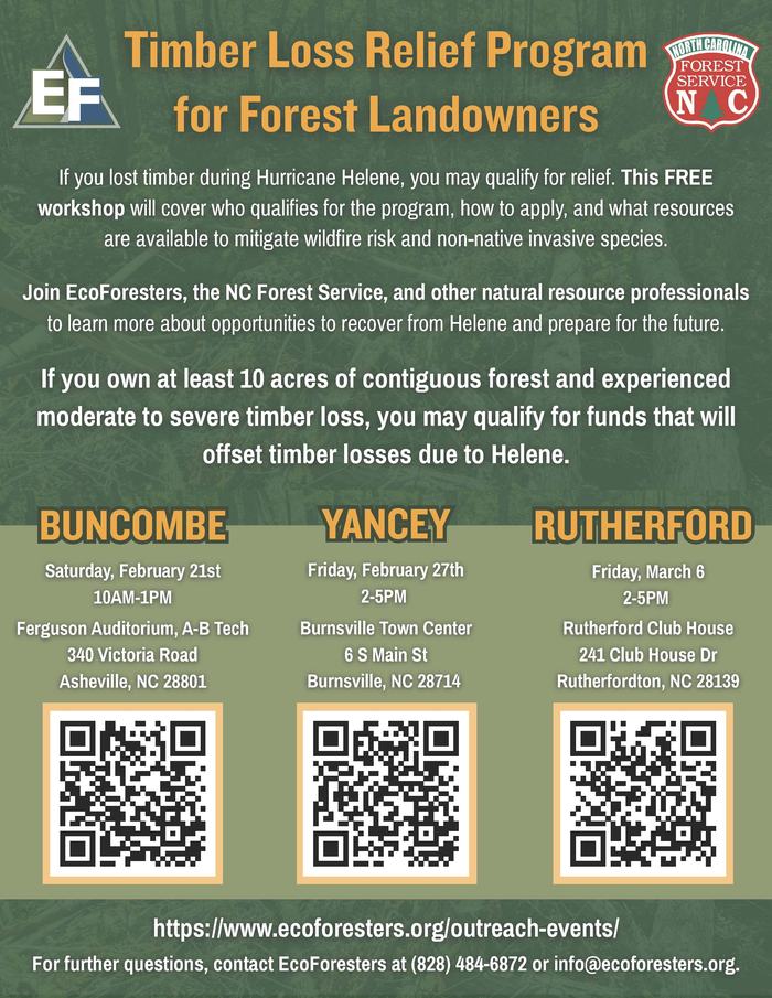 Timber Loss Relief Program for Forest Landowners flyer — workshop dates and county locations