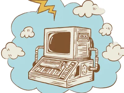 A desktop computer is floating on a cloud while generating static electricity. An image created with CANVA.