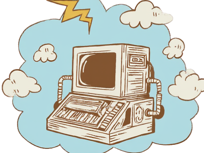 A desktop computer is floating on a cloud while generating static electricity. An image created with CANVA.