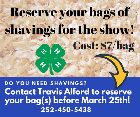 Wood shavings with text: "Reserve bags of shavings $7/bag. Contact Travis Alford 252-450-5438"