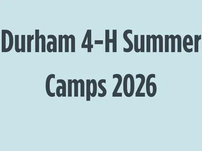Green four-leaf 4-H logo left with text Durham 4-H Summer Camps 2026 on pale blue background