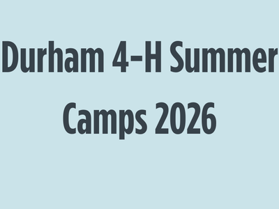 Green four-leaf 4-H logo left with text Durham 4-H Summer Camps 2026 on pale blue background