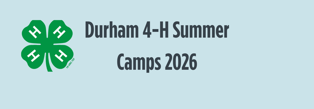 Green four-leaf 4-H logo left with text Durham 4-H Summer Camps 2026 on pale blue background