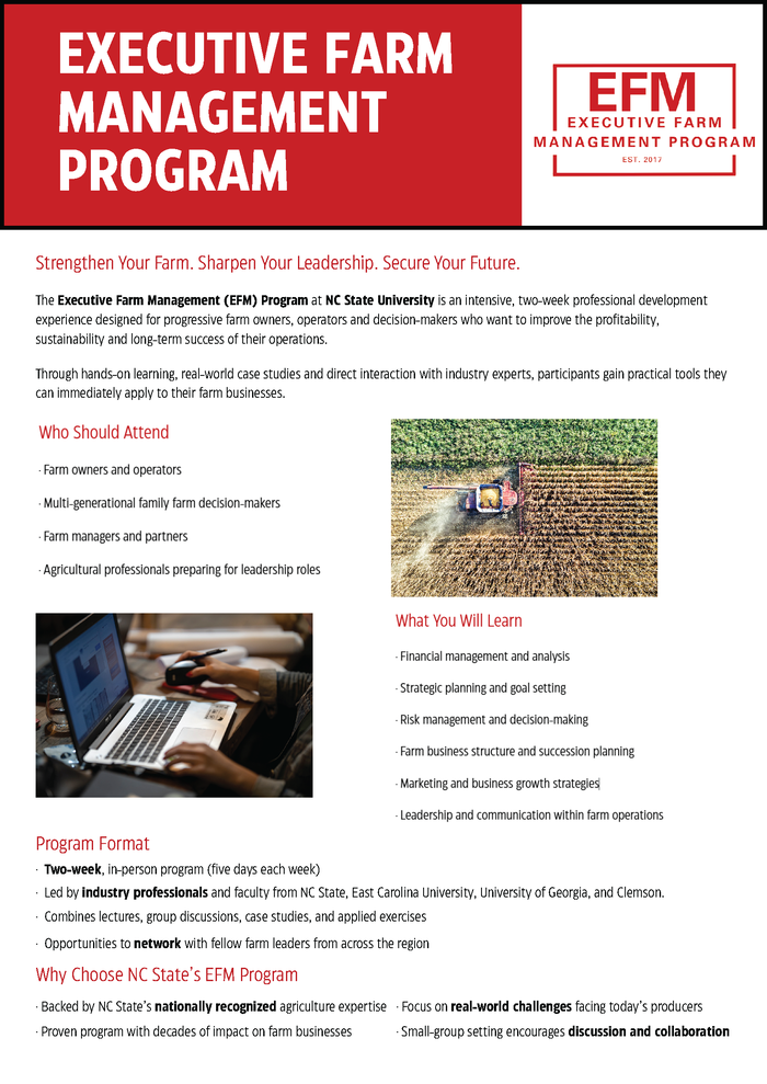 Executive Farm Management Program flyer with EFM logo and program details
