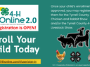 Flyer to promote registering in 4-HOnline. The flyer shows a picture of a chicken, rabbit, goat, lamb, and pig.