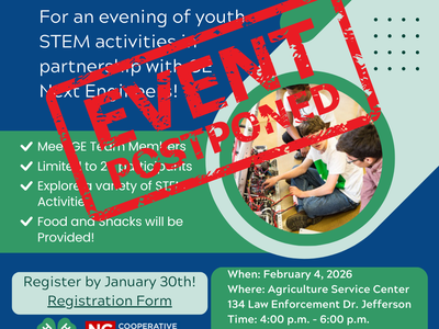 Youth STEM event flyer with large red "EVENT POSTPONED" stamp and "JOIN US" text