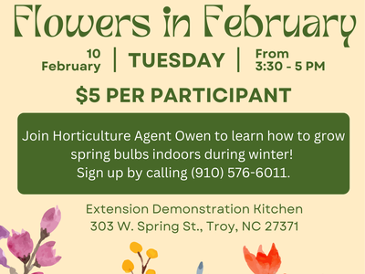 Flowers in February flyer: Feb 10 Tuesday 3:30–5 PM, $5 per participant, call (910) 576-6011