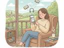 Illustration of a person sitting on a porch in a comfortable chair, using a smartphone to borrow digital library books, with book and headphone icons floating above to represent e-books and audiobooks.
