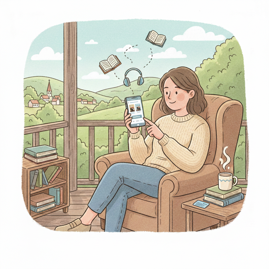 Illustration of a person sitting on a porch in a comfortable chair, using a smartphone to borrow digital library books, with book and headphone icons floating above to represent e-books and audiobooks.