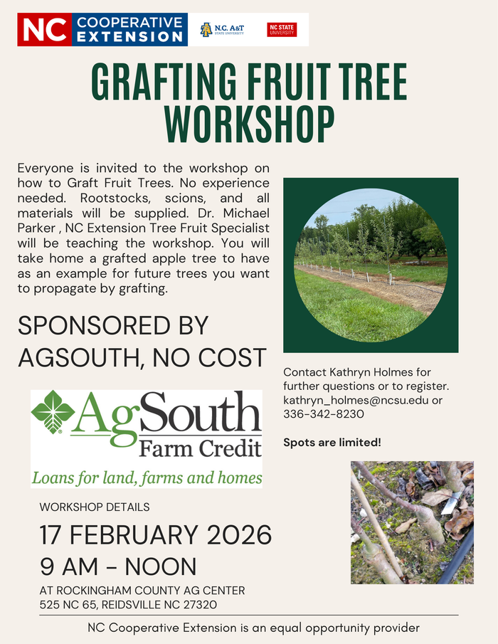 Grafting Fruit Tree Workshop — Feb 17 2026, 9 AM–Noon; Rockingham County Ag Center, Reidsville