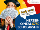 Graduate in cap holding cash; text: "Apply Now! Deadline March 20, 2026" and "Herter-O'Neal $750 Scholarship"