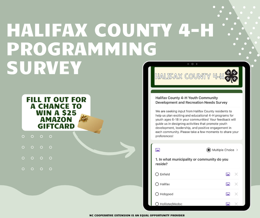 HALIFAX COUNTY 4-H PROGRAMMING SURVEY; "Win a $25 Amazon giftcard" text and tablet mockup
