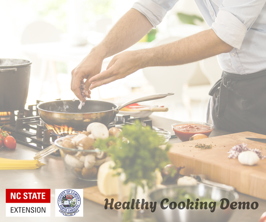 Photo of person cooking with wording Healthy Cooking Demo