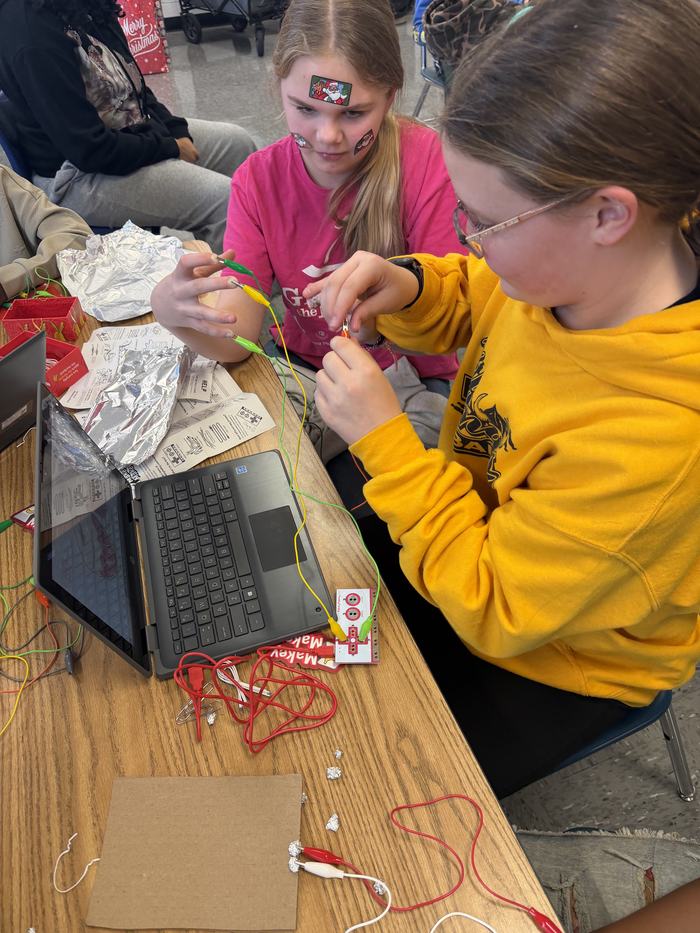 Two students connecting alligator-clip wires to a small circuit board next to a laptop