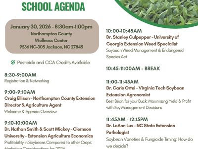 Jackson Soybean School agenda, Jan 30, 2026, 8:30am–1:00pm, Northampton County Wellness Center
