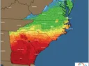 East Coast minimum temperature forecast map for Friday 01/23/2026 with color legend (deg F)