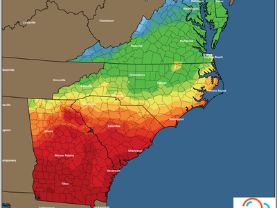 East Coast minimum temperature forecast map for Friday 01/23/2026 with color legend (deg F)