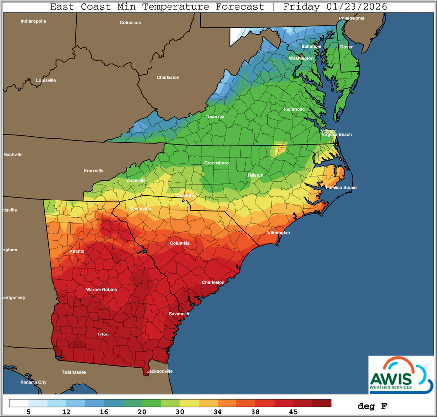 East Coast minimum temperature forecast map for Friday 01/23/2026 with color legend (deg F)