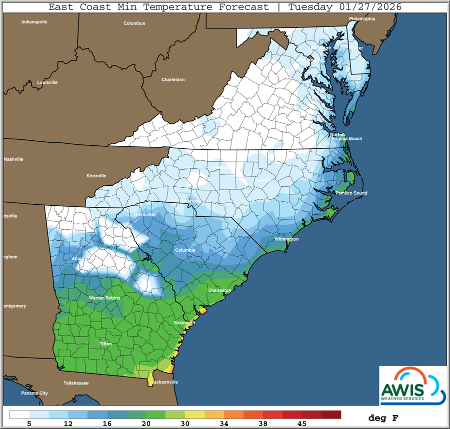 East Coast minimum temperature forecast map, Tuesday 01/27/2026, temperatures in °F