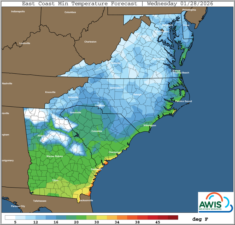 East Coast minimum temperature forecast map (deg F) for Wednesday 01/28/2026