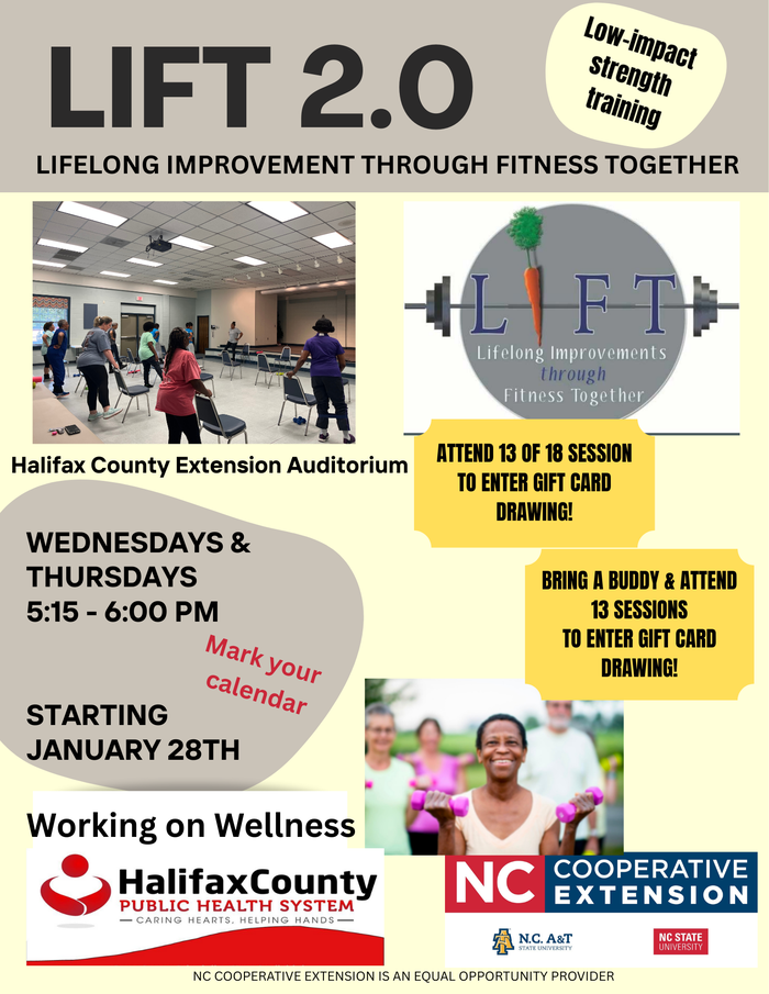 LIFT 2.0 flyer: low-impact strength training, Halifax County Extension Auditorium, Wed/Thu 5:15–6:00 PM starting Jan 28