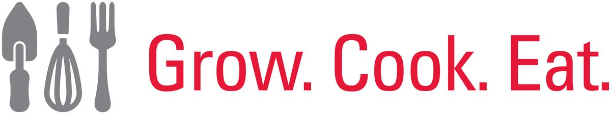 Gray trowel, whisk, and fork icons left of red text "Grow. Cook. Eat."