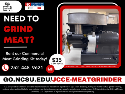 Commercial meat grinder; text: "Need to grind meat? Rent kit — $35 3-day rental"