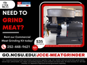 Commercial meat grinder; text: "Need to grind meat? Rent kit — $35 3-day rental"