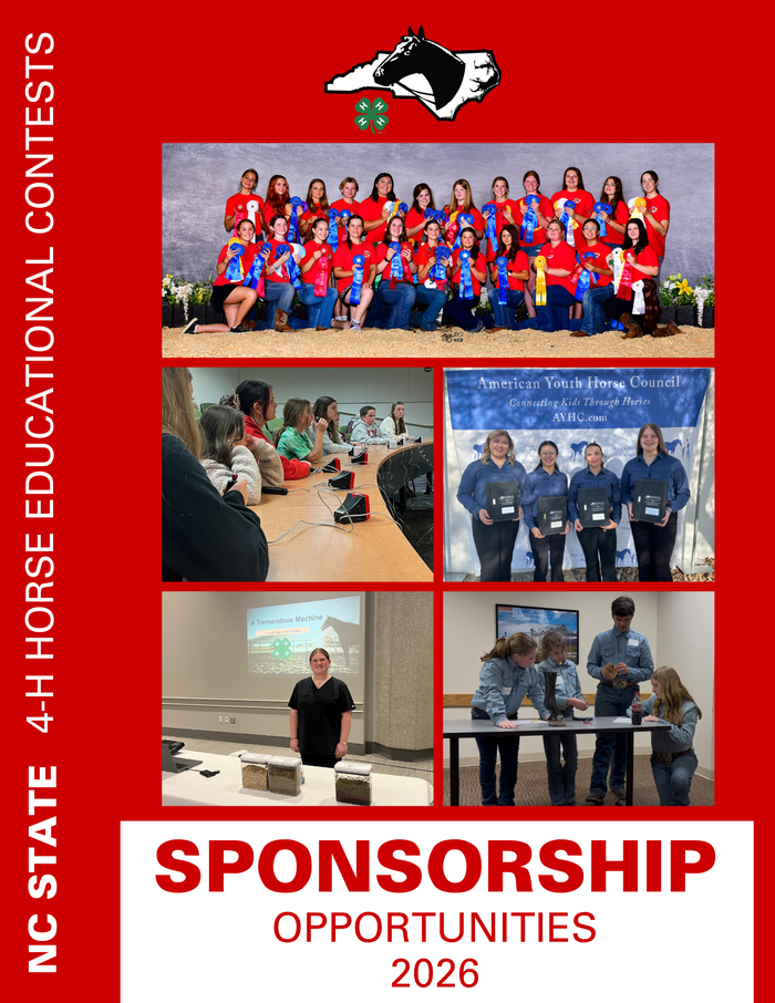 A collage of Horse bowl, Council meetings and presentations with the text "4-H Horse Education Contests Sponsorship Opportunities 2026"