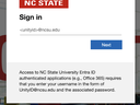 Example NC State branded Entra log in screen