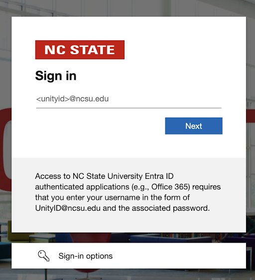 Example NC State branded Entra log in screen