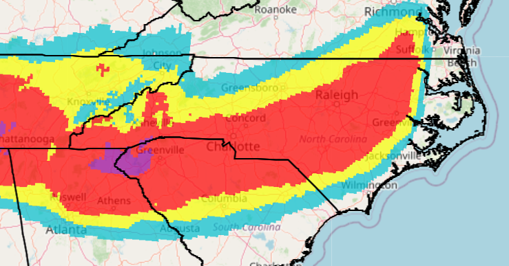 Map of North Carolina showing most of the state is expected to have freezing rain