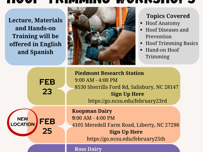 Dairy cattle hoof trimming workshops flyer — dates Feb 23, Feb 25, Mar 9; sign-up links