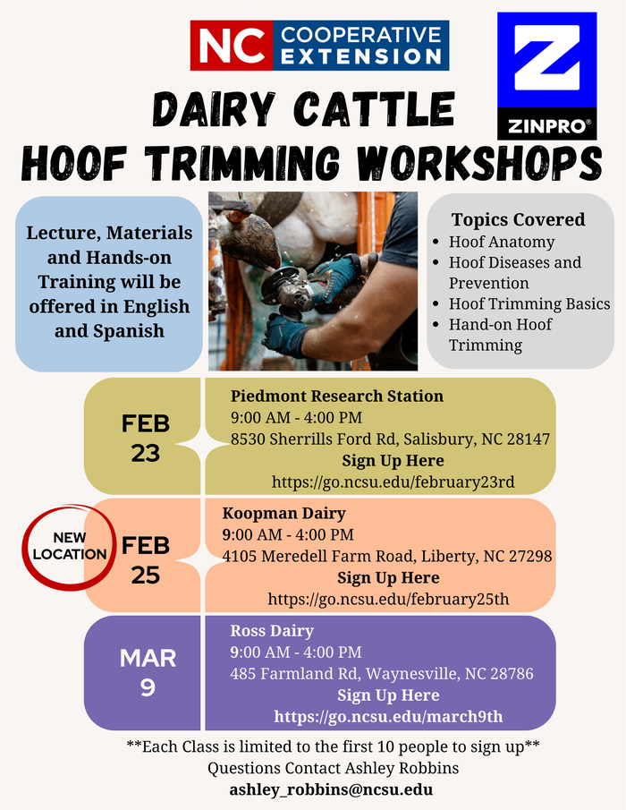 Dairy cattle hoof trimming workshops flyer — dates Feb 23, Feb 25, Mar 9; sign-up links