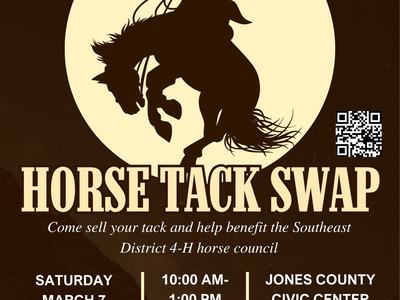 Cowboy silhouette and text: HORSE TACK SWAP; Sat Mar 7, 2026, 10:00 AM–1:00 PM; Jones County Civic Center; $10
