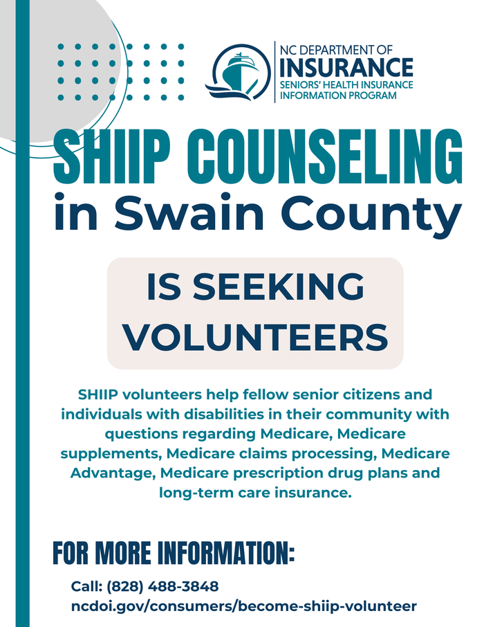 Recruitment flyer for SHIIP Counseling in Swain County: Volunteers being sought