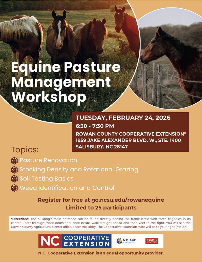 Horses in a pasture; text: "Equine Pasture Management Workshop, Tuesday, February 24, 2026, 6:30–7:30 PM"