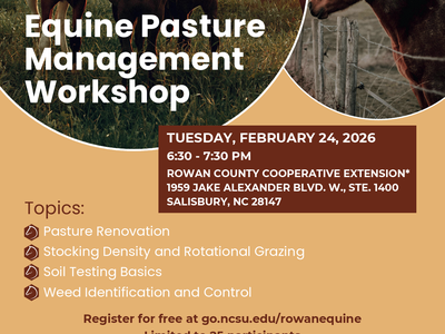 Horses in a pasture; text: "Equine Pasture Management Workshop, Tuesday, February 24, 2026, 6:30–7:30 PM"