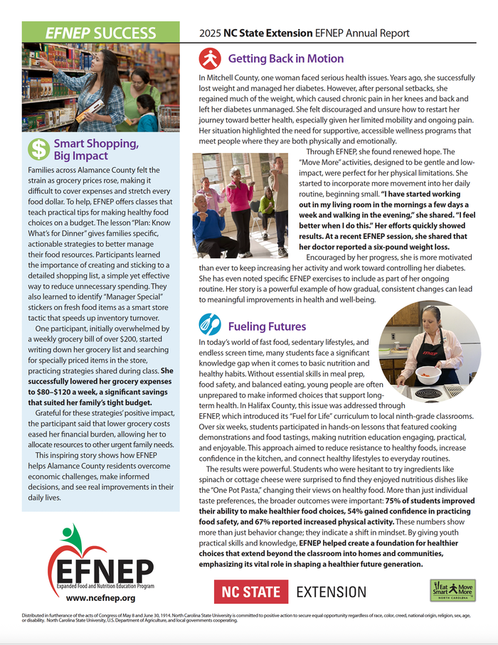 2025 NC State Extension EFNEP annual report page with headings "Getting Back in Motion" and "Smart Shopping"