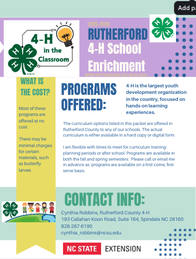 Rutherford 4‑H School Enrichment flyer — Programs Offered; Contact: Cynthia Robbins, 828-287-6190
