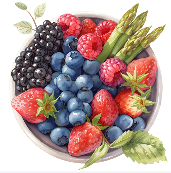 Bowl filled with strawberries, blueberries, raspberries, blackberries, and asparagus