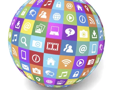 A sphere constructed of technology symbols and company logos.Image from Senior Planet curricula.