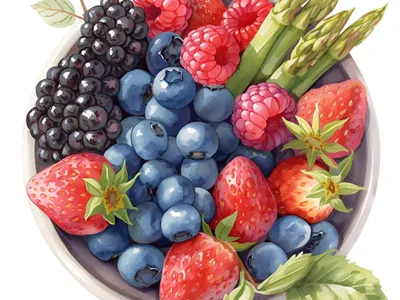 Bowl filled with strawberries, blueberries, raspberries, blackberries, and asparagus
