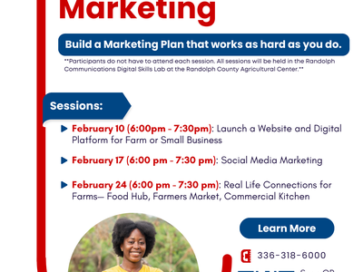 Promotional flyer for a "Small Farm/Business Marketing" workshop series by NC Cooperative Extension. The flyer lists three evening sessions in February (10th, 17th, and 24th) at the Randolph County Agricultural Center. It features a woman holding a basket